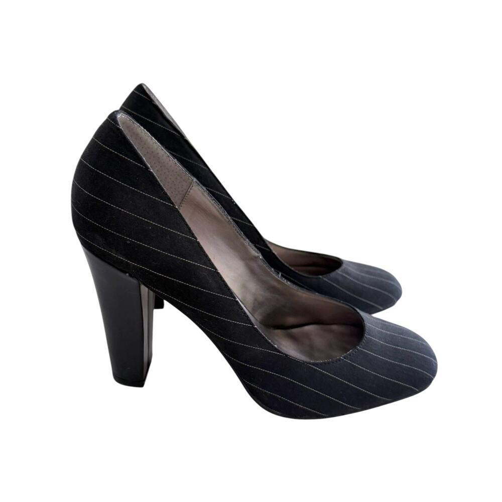 Steve Madden Myra Women’s 8M Black Pinstripe Block Heel Pumps Y2K Office Siren